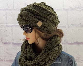 Cowl and Hat Set, Knitted Set Women, Chunky Scarf, Cable Knit Beanie, Toque Womans, Warm Winter Hat, Alpaca Beanie Hat,  Gift for Her