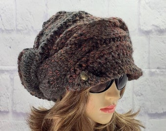Knit Newsboy Hat, Newsboy Cap Women, Crochet Beanie Hat, Peaked Cap, Ombre Slouchy Beanie, Brimmed Beanie, Hat with Peak, Winter Accessories