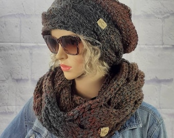 Hat Scarf Combo, Hat and Scarf Set, Cable Knit, Infinity Cowl, Winter Scarf Women,  Slouchy Beanie Hat, Womens Accessories, Gift for Her