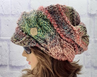Hats Women, Newsboy Cap Women, Crochet Beanie Hat, Peaked Cap, Ombre Slouchy Beanie, Brimmed Beanie, Hat with Peak, Winter Accessories
