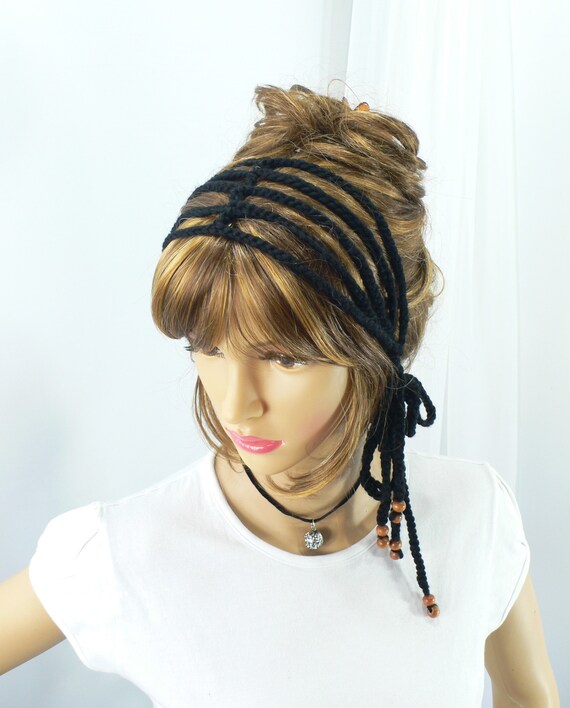 Multi Strand Mesh Headband Tie Head Wrap Crochet Hair Band Edgy Boho Hippy Gypsy Style Midnight Black Wooden Beads Women Teen Gift