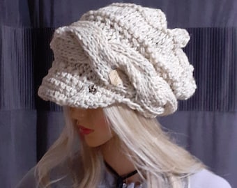 Knit Newsboy Hat, Brimmed Hat, Baker Boy Hat, Slouch Beanie, Chunky Knit Hat, Womens Winter Hat, Slouchy Cable Knit, Adult Hat, Gift for Her