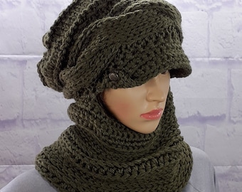 Balaclava Hat, Scarf Hat, Hat with Peak, Knitted Beanie, Cap with Cowl,  Face Cover, Womens Winter Hats, Alpaca Hat Women, Hat with Buttons