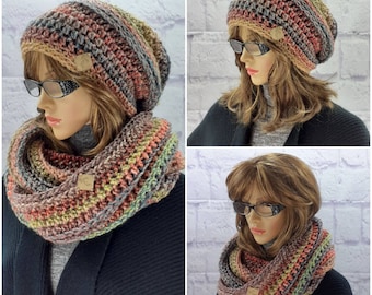 Hat Scarf Set Woman, Slouchy Beanie, Cowl Scarf, Reversible Crochet, Womens Toques, Winter Set, Two Piece Set, Wool Accessories