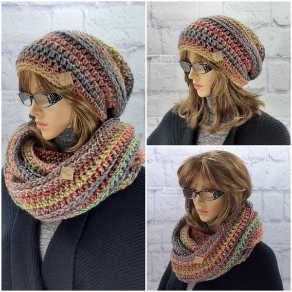 Hat Scarf Set Woman, Slouchy Beanie, Cowl Scarf, Reversible Crochet, Womens Toques, Winter Set, Two Piece Set, Wool Accessories