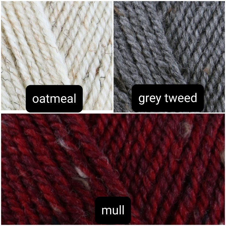 May include: Close-up of three yarn skeins in the colors oatmeal, grey tweed, and mull.