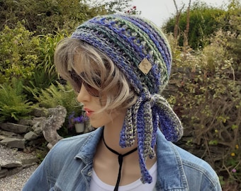 Hand Knit Hat, Ombre Beanie, Hand Knitted, Tie Side, Boho Hippy Festival, Winter Bohemian, Adult Hats, Acrylic Yarn, Winter Essentials