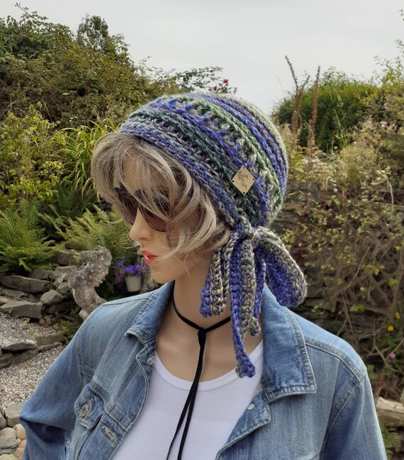 Hand Knit Hat, Ombre Beanie, Hand Knitted, Tie Side, Boho Hippy 