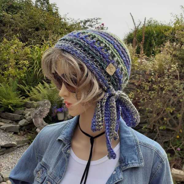 Hand Knit Hat, Ombre Beanie, Hand Knitted, Tie Side, Boho Hippy Festival, Winter Bohemian, Adult Hats, Acrylic Yarn, Winter Essentials