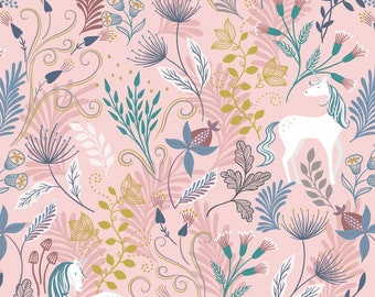 LEWIS & IRENE - Enchanted - Unicorn on Pink with gold metallic - A543.1 100% Cotton Patchwork Quilting Fabric  per half metre (0.5m)