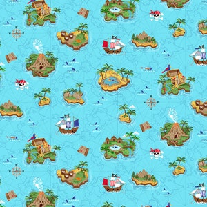 MAKOWER - PIRATES - Pirate Islands - Blue- 2430/B 100% Cotton Patchwork Quilting Fabric  per half metre (0.5m)