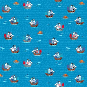 MAKOWER - PIRATES - Pirate Galleons -  Blue - 2433/B8 100% Cotton Patchwork Quilting Fabric  per half metre (0.5m)