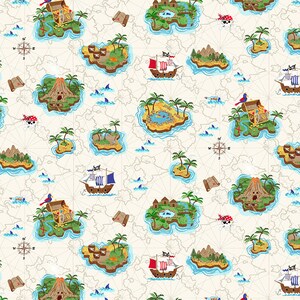 May include: A colourful illustration of a treasure map with islands, ships, volcanoes, and treasure chests. The map is on a white background with a compass rose and a grid pattern.