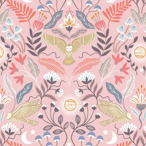 May include: A pink background with a repeating pattern of owls, flowers, mushrooms, and moons. The pattern is symmetrical and features a variety of colors, including pink, blue, green, and brown.