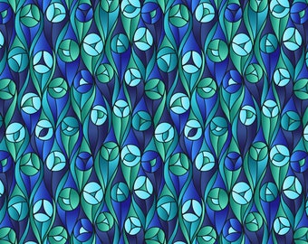 LEWIS & IRENE - Reflections - Green/Blue Buds - A513.1 100% bomullstyg för lapptäcke per halvmeter (0,5 m)