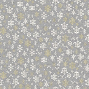 May include: A seamless pattern featuring white snowflakes on a grey background with a subtle texture. The snowflakes are of varying sizes and are scattered randomly across the surface. There are also small gold dots scattered throughout the pattern.