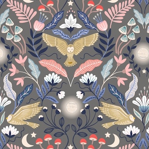 LEWIS & IRENE - Enchanted Owl on Dark Grey with Silver metallic A547.2 100% Cotton Patchwork Quilting Fabric per half metre (0.5m)