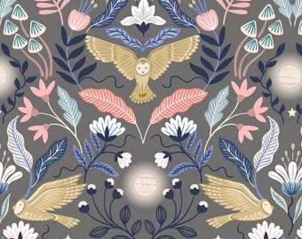 LEWIS & IRENE - Enchanted Owl on Dark Grey with Silver metallic A547.2 100% Cotton Patchwork Quilting Fabric per half metre (0.5m)
