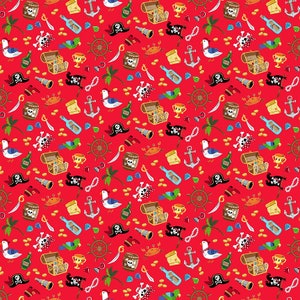May include: A red background with a repeating pattern of pirate-themed illustrations. The illustrations include a treasure chest, a parrot, a bottle of rum, a skull and crossbones, a compass, a ship's wheel, a crab, a seagull, a palm tree, a gold coin, a pearl, a rope, a sword, a pirate hat, and a bottle of rum.
