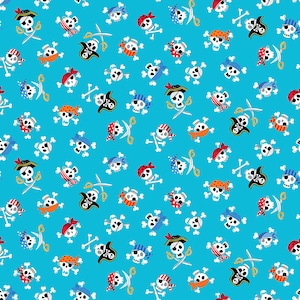 MAKOWER - PIRATES - Pirate Skulls - Blue - 2431/B 100% Cotton Patchwork Quilting Fabric  per half metre (0.5m)