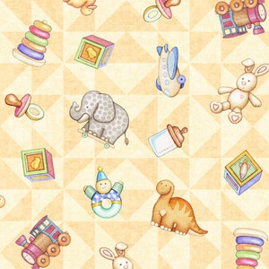 LULABY - Verspreid (gegooid) speelgoed op boterbloem - AS 27902S 100% katoenen patchwork quiltstof per halve meter (0,5 m)