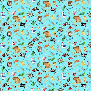 MAKOWER - PIRATES - Pirate Icons - Blue - 2432/B  100% Cotton Patchwork Quilting Fabric  per half metre (0.5m)