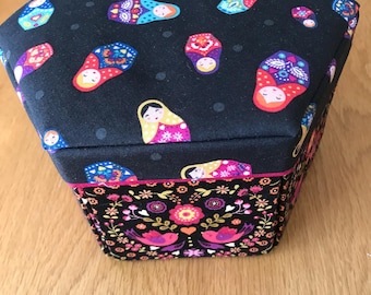 Sewing Box - Etui box- Sewing theme - Matryoshka doll/folk theme - Individually handmade  hexagonal Etui Box ( or Jewellery box)