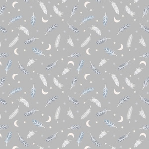 LEWIS & IRENE - Enchanted Feathers and Stars on grey with Silver metallic A545.2 100% Cotton Patchwork Quilting Fabric per half metre 0.5m