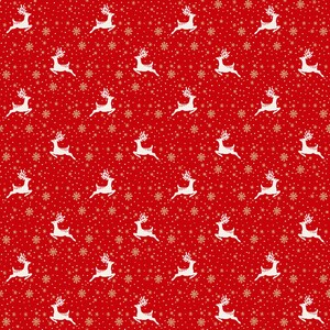 May include: A red background with a repeating pattern of white stylised reindeer and snowflakes. The reindeer are facing right and have antlers.