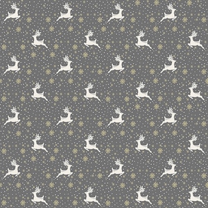 May include: A seamless pattern featuring white reindeer running across a grey background with a scattered pattern of gold snowflakes.