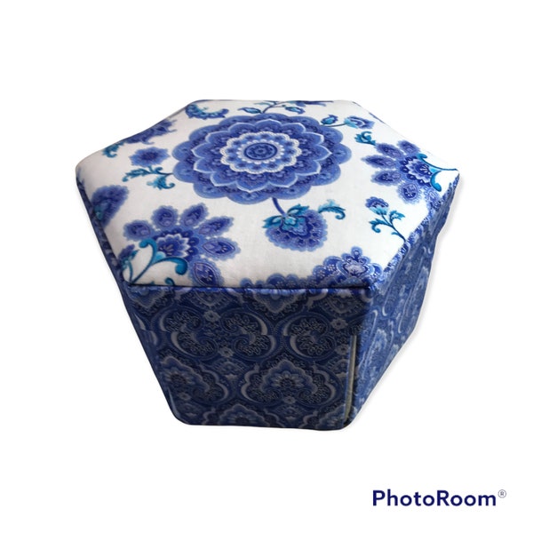 Sewing Box - Blue Medallion - Individually handmade  hexagonal Etui Box ( or Jewellery box)