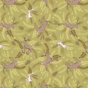 LEWIS & IRENE - New Forest Winter - Deer and Hare on Forest green - C60.1 100% Cotton Patchwork Quilting Fabric  per half metre (0.5m)