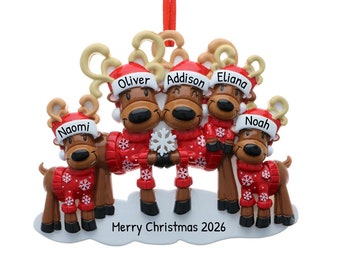 Personalisierte Familienverzierung 2023 - Mr. & Mrs. Reindeer Ornaments Familie mit 5 Rentier-Weihnachtsverzierung - Kostenlose Anpassung mit Geschenkbox