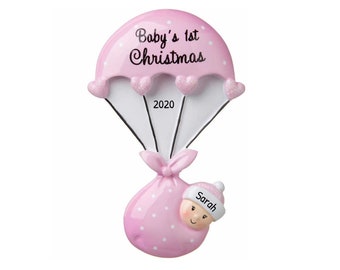 Personalized Babys First Christmas Ornament 2023 - Baby Girl Bundle Parachute Ornament Pink - Free Customization