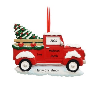 Personalized Christmas Truck Ornament - Christmas Car, Pickup Decor, Automobile - Snowy Truck with Tree - Free Customization with Gift Box