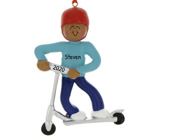 Personalized Christmas Ornaments For Kids - Riding Scooter Black Boy Christmas Ornaments Child Scooter - Free Customization