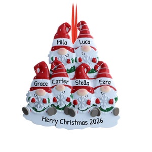 Gepersonaliseerde familie kerstornament 2024, sneeuwkabouters kerstornament, familie van 6 kabouters, aangepast kerstornament, decor kabouters