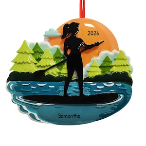 Personalized Paddle Board Ornament - Beach Ornaments, Surfboard Ornaments - Paddleboard Silhouette Female - Free Customization with Gift Box