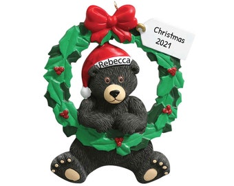 Personalized Santa Bear Ornament, Holiday Bear Ornament, Christmas Bear Gift, Teddy Bear Ornament, Woodland Decoration, Cute Bear Gift