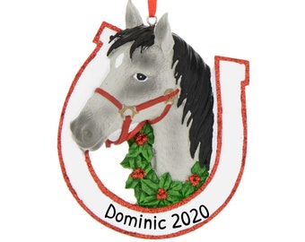 Personalized Horseback Riding Ornament - Equestrian Christmas Ornaments, Horse Ornament - Grey Horse - Free Customization