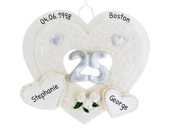 Personalized Wedding Anniversary Ornament 2024, White Heart 25th Anniversary Ornament, Silver Anniversary Ornament, Husband Anniversary