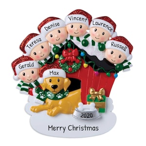Weihnachten Familien Ornament mit Hund, 6-köpfige Familie mit Haustier, personalisierte Familien Ornament, Familie mit sechs Ornament für Weihnachten, Weihnachtsgeschenk