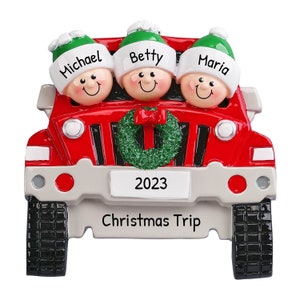 3 人家族のロード トリップ オーナメント、クリスマス旅行オーナメント、パーソナライズされたクリスマス オーナメント、SUV での旅行、記念品ギフト、OrnamentsbyElves