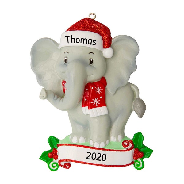 Personalized Elephant Ornaments for Christmas Tree - Elephant Christmas Ornament, Elephant Gifts - Santa Hat Elephant - Free Customization