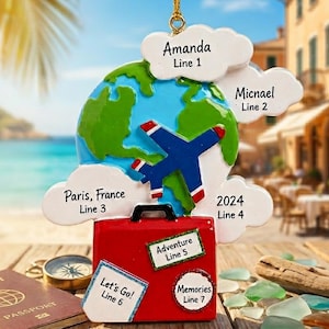 Ornement de cadeau de voyage personnalisé, Ensemble d'ornements de voyageur du monde, Ornement de passeport pour couple, Ornement de valise, Souvenir de vacances d'été, Europe
