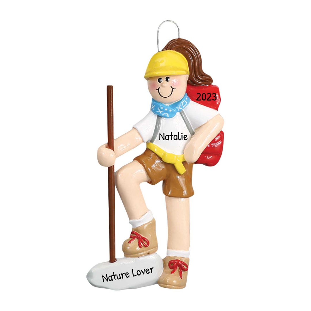 Personalized Hiking Ornament Outdoorsy Ornament, Hiker Ornament, Backpacking Hiker Girl Yellow