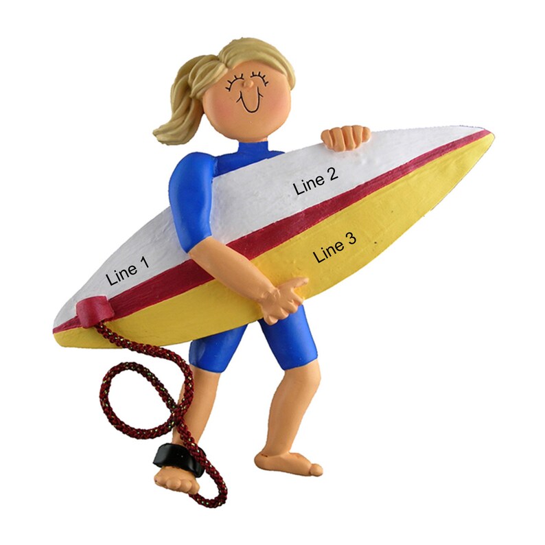 Girl Surfer Ornament, Personalized Surfboard Ornaments, Personalized Gift For Surfers, Girl Surfing Ornament, Blonde Surfer Girl, Custom image 2