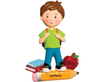 Personalized My First Day of School Ornament - Back to School Ornament, Kindergarten Ornament - Boy on Pencil - Free Customization
