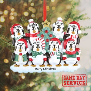 Personalized Family Christmas Ornament - Custom Family of 8 - Penguin Ornament - Penguin Family Christmas Tree Ornament 2023 in Gift Box