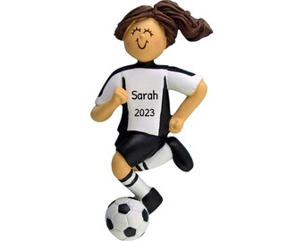 Brunette Girl In Black Soccer Uniform - Soccer Ball Ornament / Girl Football Ornament